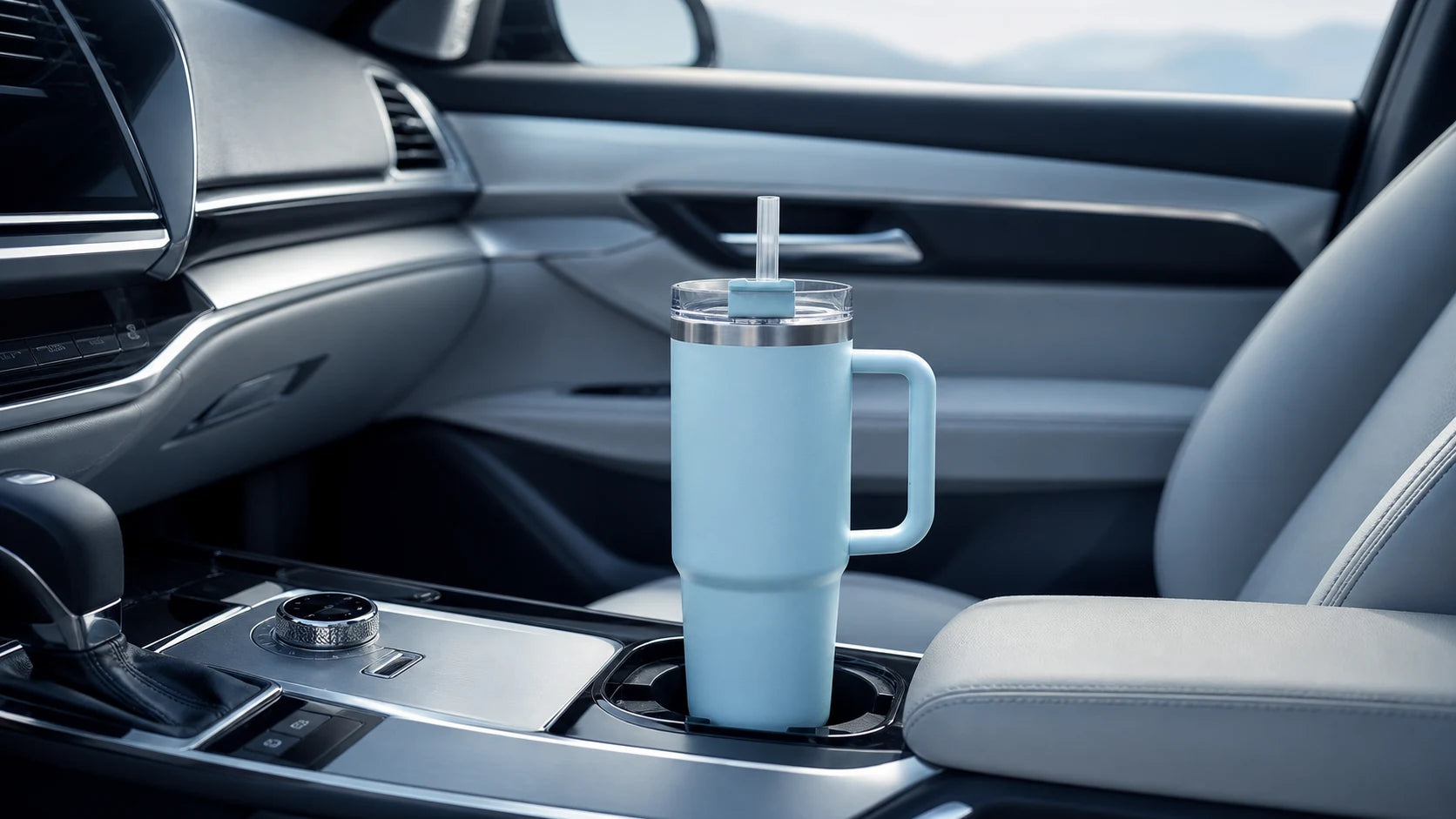 A Tumbler Finds tumbler secured in a car cup holder