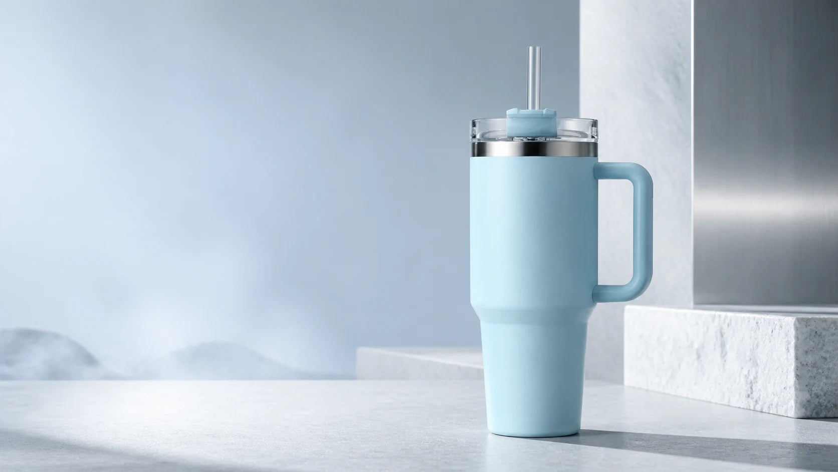 A light-blue tumbler with a handle and straw in a sunlit setting